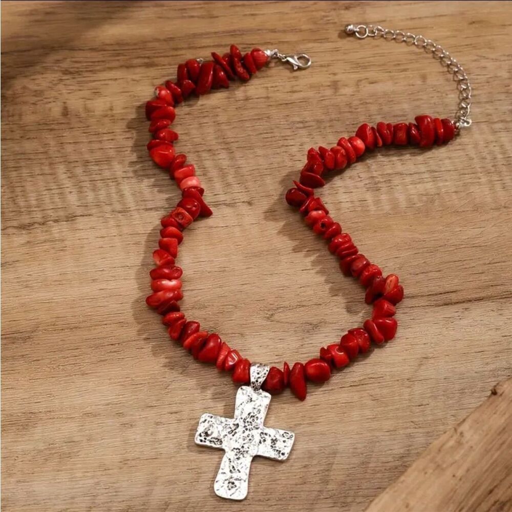 Cross Pendant Necklace Womens Boho Casual Natural Red Stone Chip Jewelry New